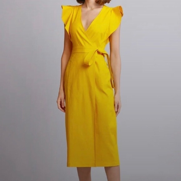 A.L.C. Linen Walker Ruffle Midi Wrap Dress. Yellow. Size 2 - Picture 1 of 16